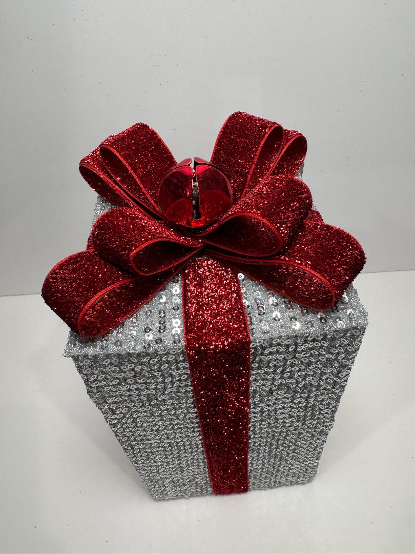 Silver Holiday Gift Box with Red Glitter Bow and Bell - Image 3
